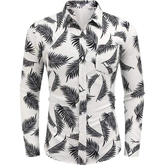 Men's Casual Button Down Shirt Long Sleeve Linen Chambray Shirt, White Printed - Picture 4 of 6